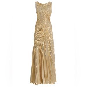 Georgia Hardinge Fossil Floor Length Metallic Pleated Dress Gold/Ivory
